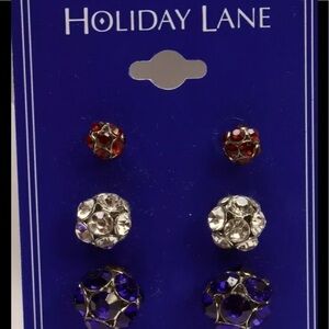 4th of July Earrings 3 Pair Red White Blue Crystal Post